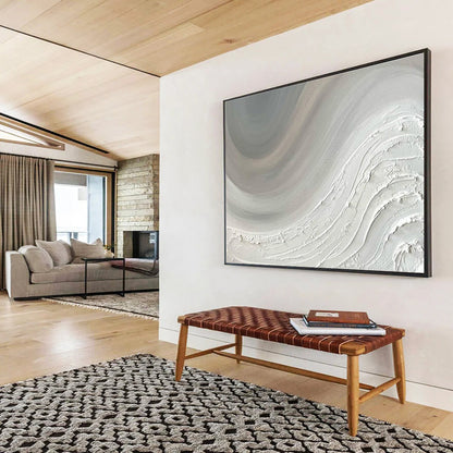 Modern Art Abstract Paintings: Monochromatic White Textured Wave Abstract Painting WB343