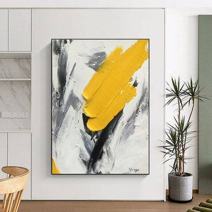 Hand-Painted Modern Art Acrylic with Yellow, Black, Gray Textured Layers - Large Painting In Living Room HS524
