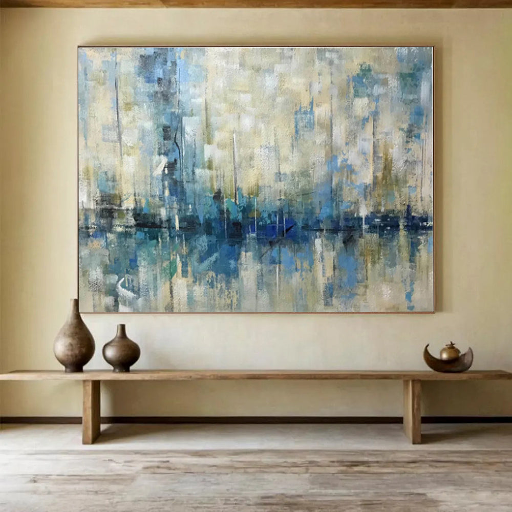 Oversized Canvas Art Blue and Beige Abstract Harbor Reflection Painting WB057