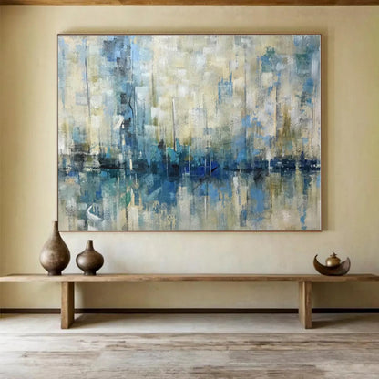 Oversized Canvas Art Blue and Beige Abstract Harbor Reflection Painting WB057