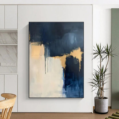 Handmade Art Navy, Beige, and Gold Textured Abstract Art HS748