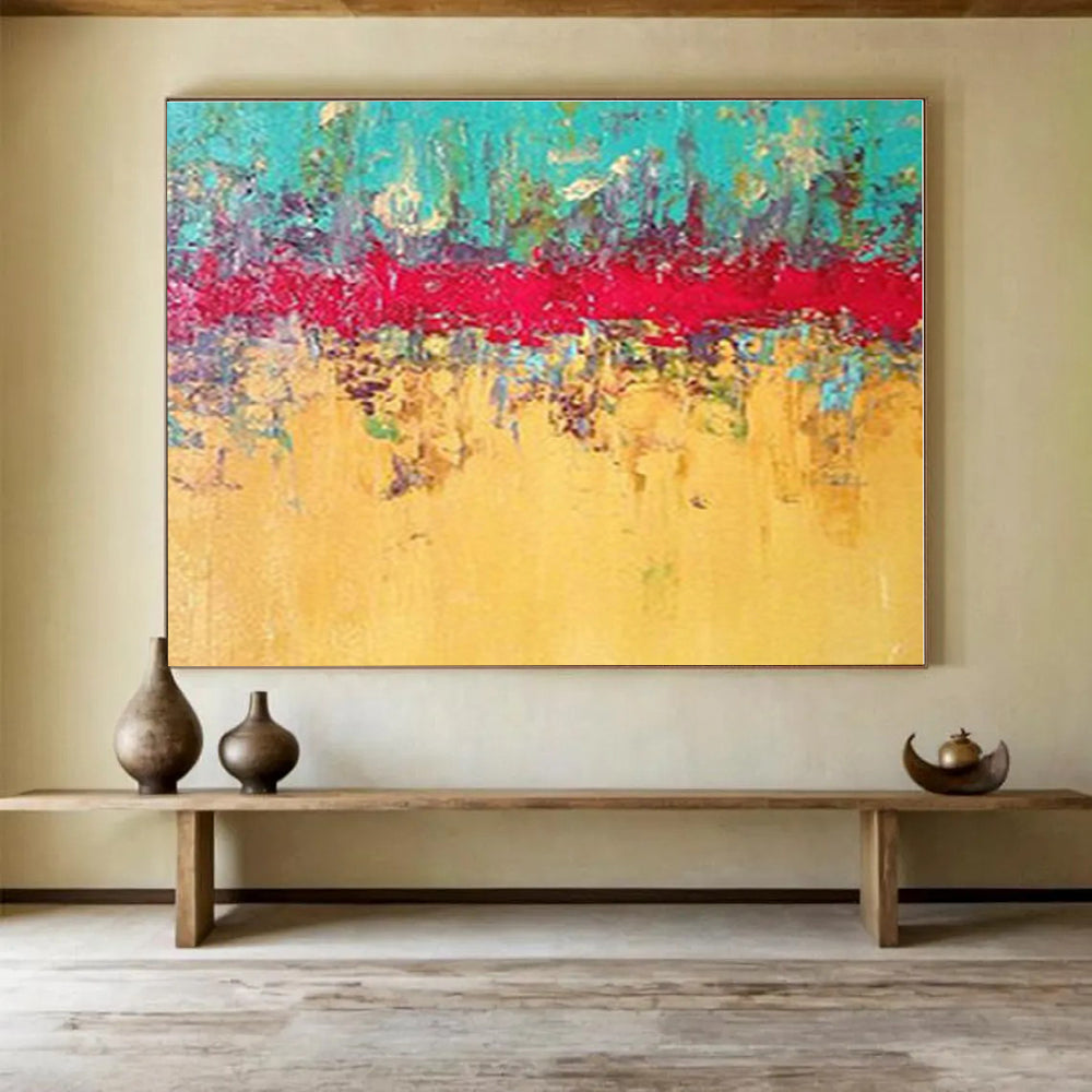Huge Size Turquoise, Red and Yellow Abstract Textured Painting WB097