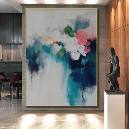 Acrylic Modern Art Paintings Teal, Pink, and White Floral Abstract Art HS718