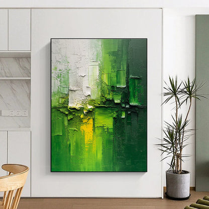 Hand-Painted Green & White Textured Abstract Art, Acrylic Modern Art Painting HS201