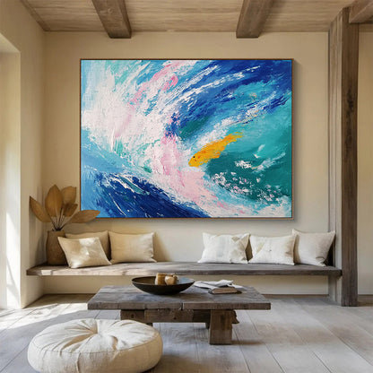 Extra Large Size Blue, Pink, and Yellow Abstract Ocean with Fish - Acrylic Painting WB289