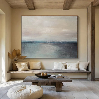 Horizontal Beige, Gray, and Blue Abstract Calm Sea Horizon, Abstract Oil Painting WB184