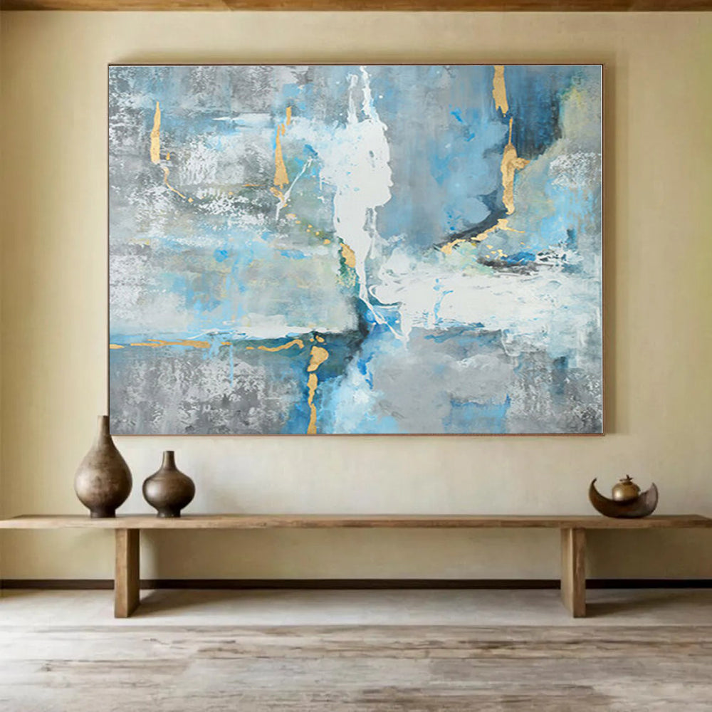 Oversized Canvas Art Blue, Gray and Gold Abstract Expressionist Painting WB132