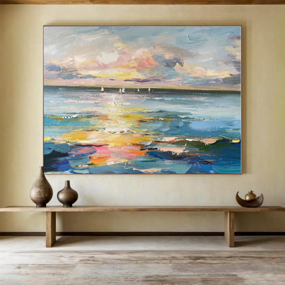 Blue, Pink, Yellow Abstract Seascape with Sailboats Acrylic Painting WB040