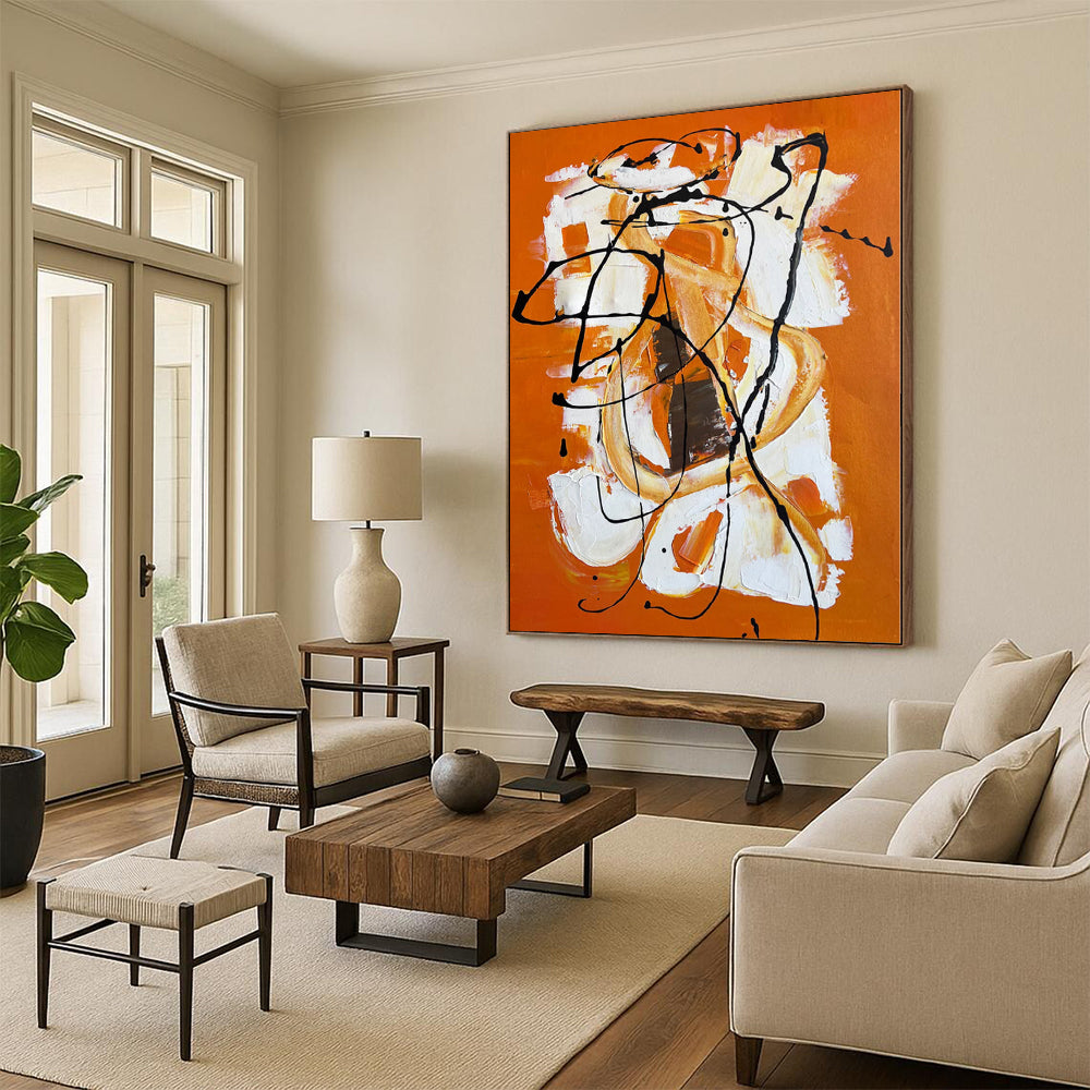 Hand-Painted Orange, White, and Black Abstract Expressive Painting For Sale HS050