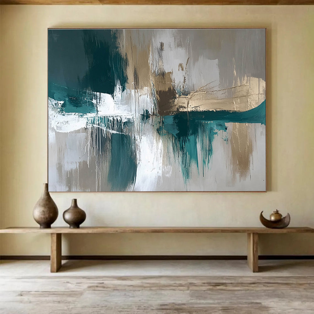 Extra Large Size Teal, Gold, Beige, and White Abstract Textured Art - Acrylic Painting WB299
