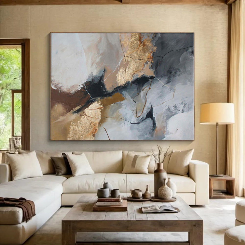 Gray, Brown, Gold Abstract Painting – Artistic Acrylic Composition WB046