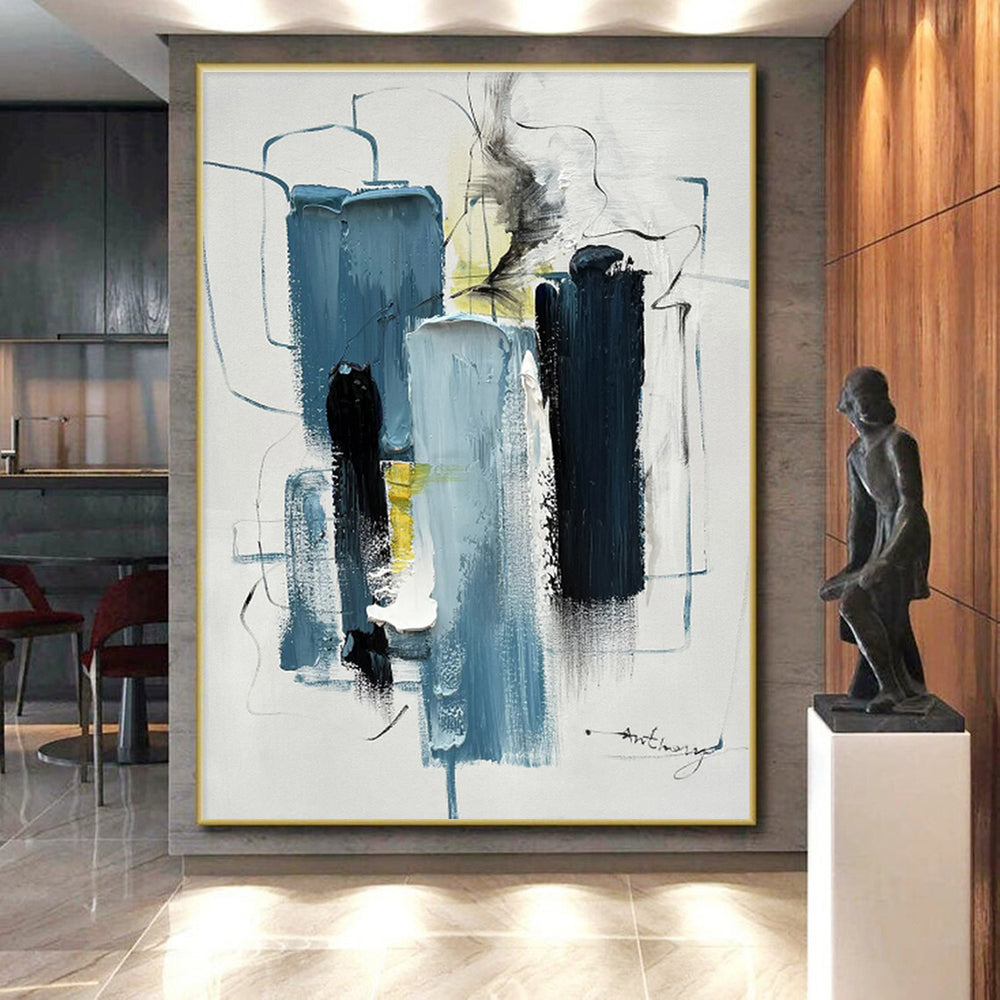 Large Contemporary Wall Art with Blue, Black, White and Yellow Colors, Abstract Urban Theme HS479