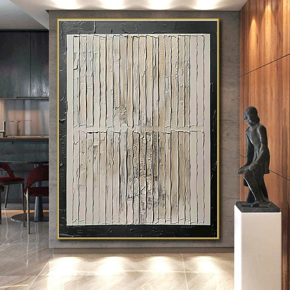 Handmade Art Beige and Black Textured Abstract Painting On Canvas HS815