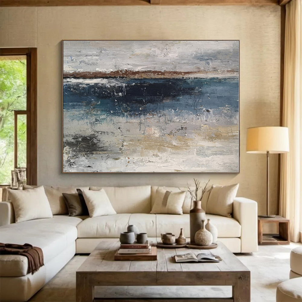Oversized Canvas Art Blue, Gray and Beige Abstract Landscape Painting WB077