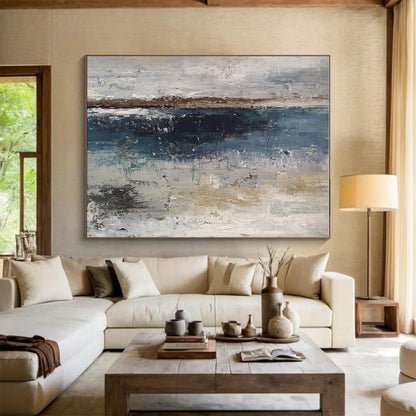 Oversized Canvas Art Blue, Gray and Beige Abstract Landscape Painting WB077