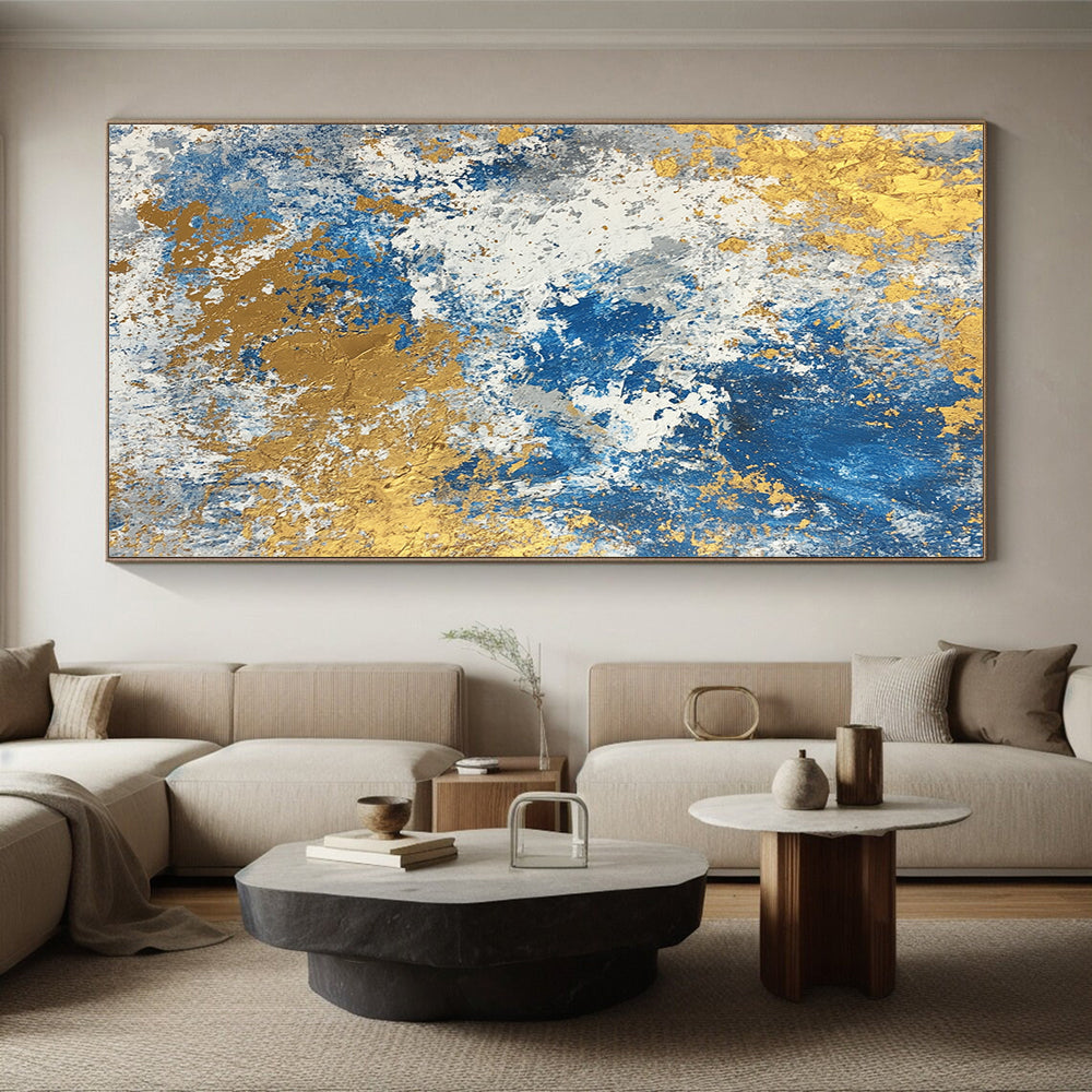 Huge Size Blue, White, and Gold Abstract Textured Painting For Sale HS117