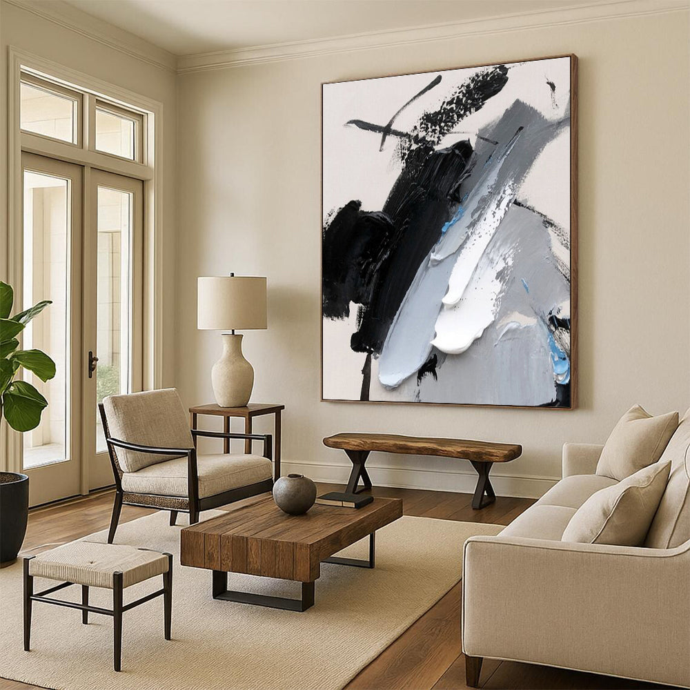Cool Abstract Paintings Black, White, Gray, and Blue Textured Abstract Art HS585