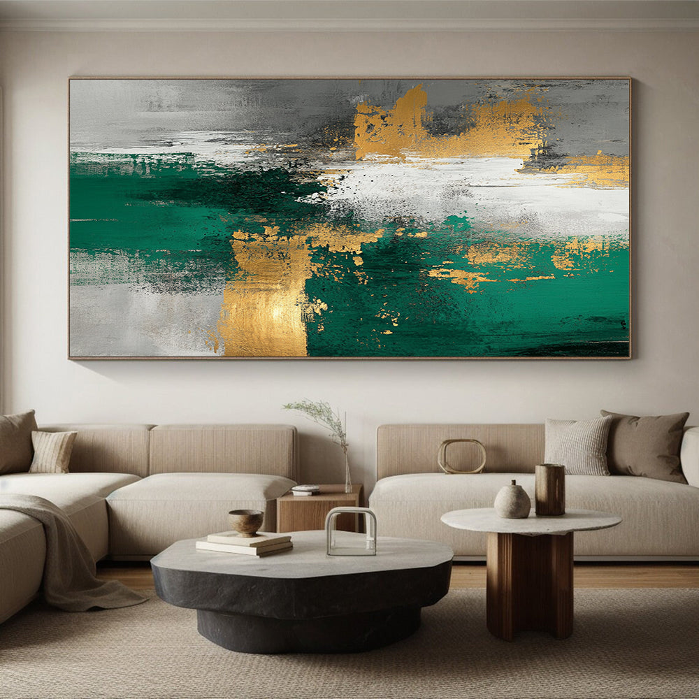 Large Size Green, Gold, and Gray Abstract Textured Painting For Sale HS110