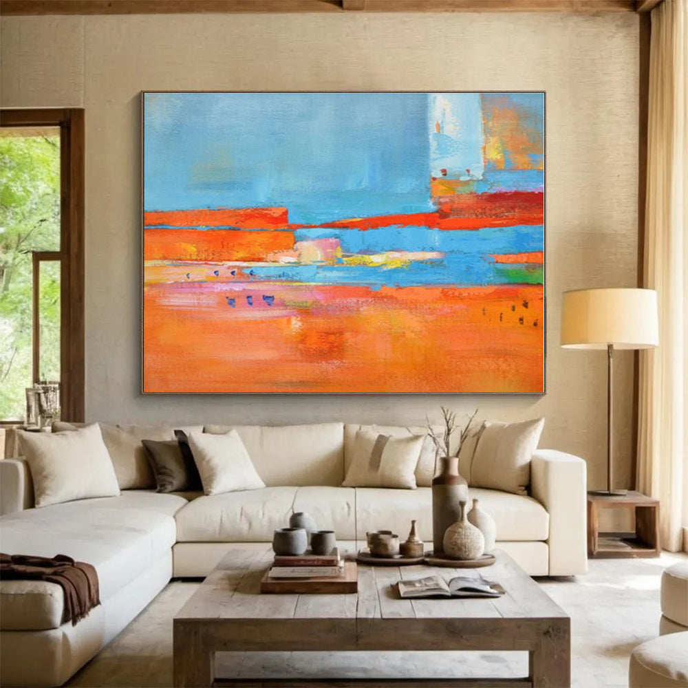 Oversized Canvas Art Blue, Orange and Red Abstract Landscape Painting WB099