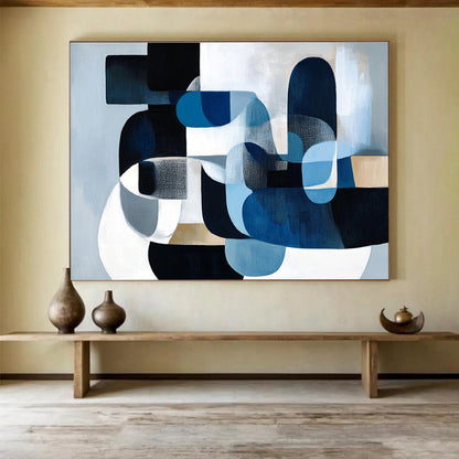 Big Size Blue, Black, and Beige Geometric Abstract Art WB252