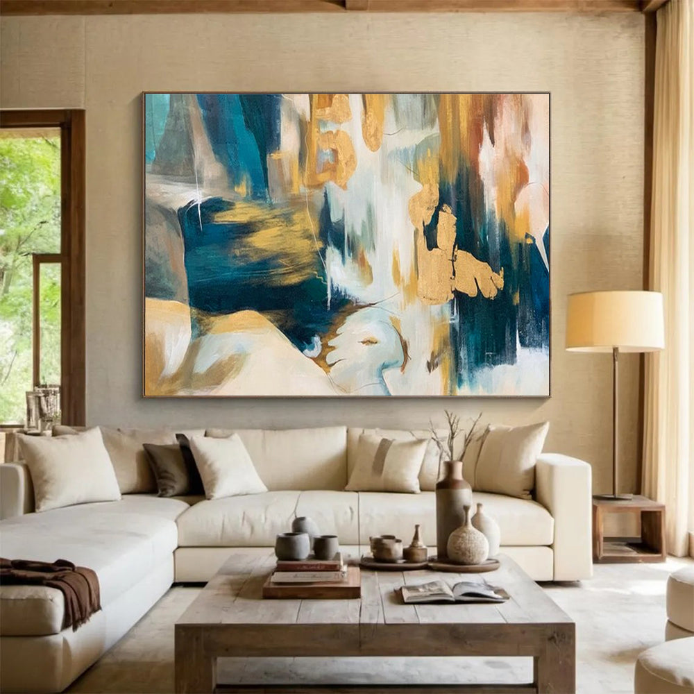 Teal, Gold, White Abstract Figurative-Inspired Art For Sale WB380