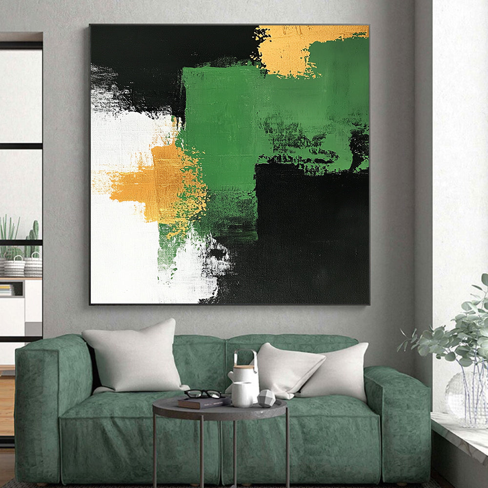 Handmade Art Green, Black, and Gold Abstract Shape Painting For Sale HS145