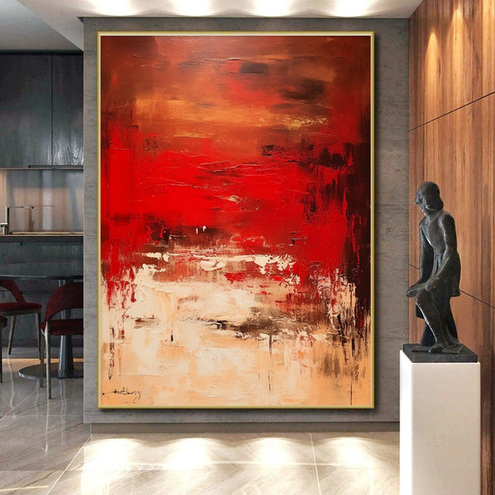 Hand-Painted Art with Red, Brown, Beige and Black Colors, Abstract Landscape Theme HS461