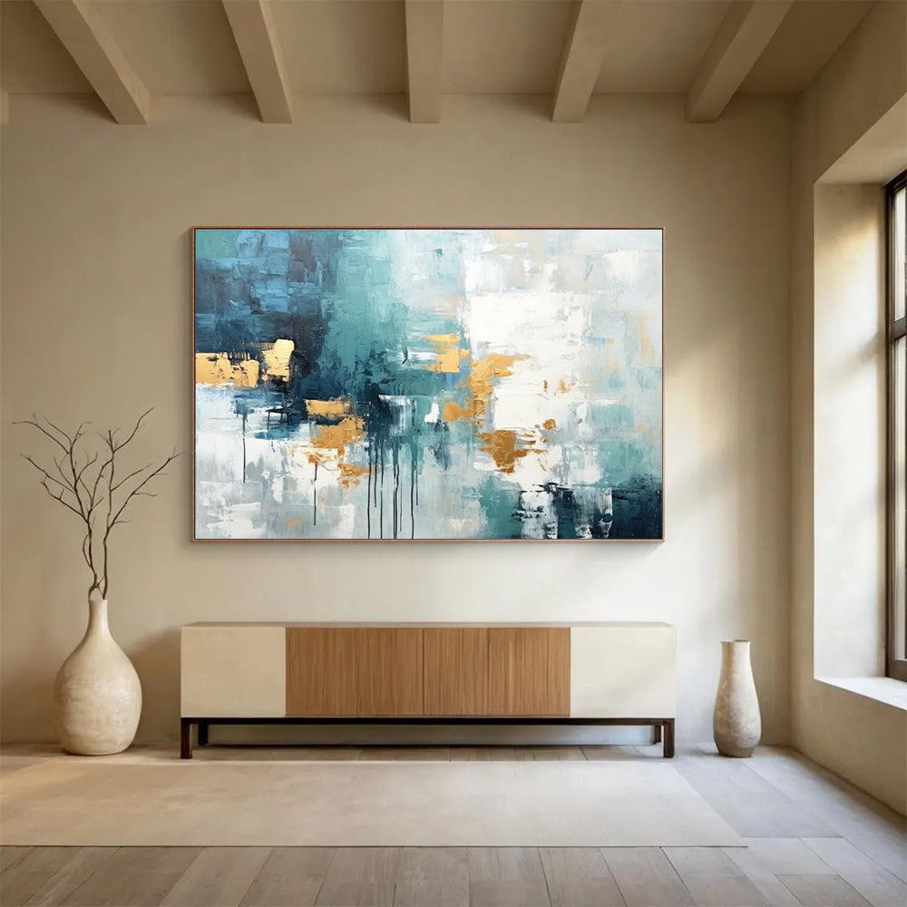 Extra Large Size Teal, Gold and White Abstract Expressionist Painting WB204