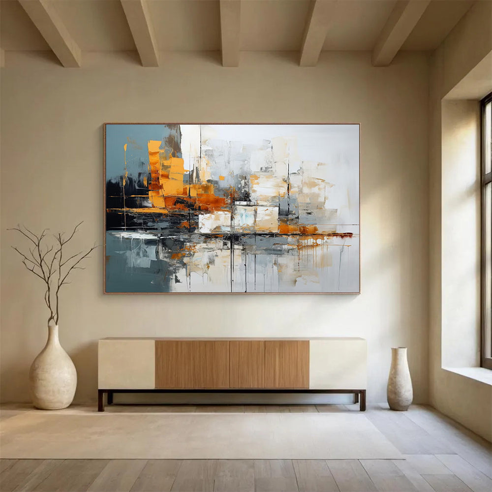 Oversized Canvas Art Gray, Orange, and White Abstract Cityscape, Abstract Acrylic Painting WB164