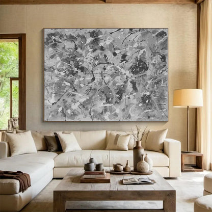 Unique Abstract Art Gray Splatter Abstract, Large Contemporary Wall Art HS459