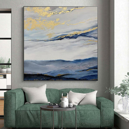 Hand-Painted Oversized Abstract Wall Art with Blue, Gray, Gold - Modern Art Acrylic for Living Room HS509