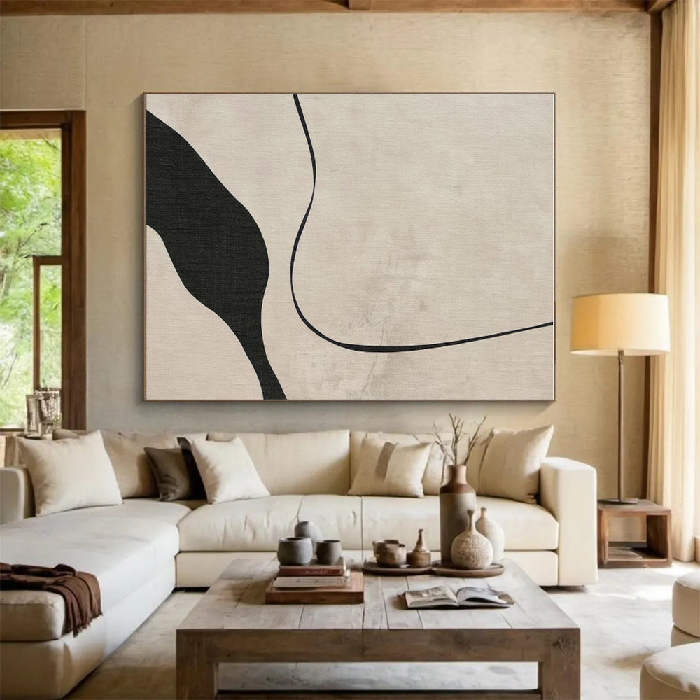 Handmade Art Black & Beige Line Abstract, Minimalist Canvas Art HS368