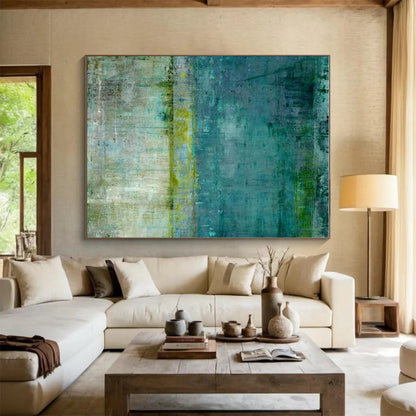 Hand Painted Art Teal and Green Textured Abstract Painting On Canvas HS798