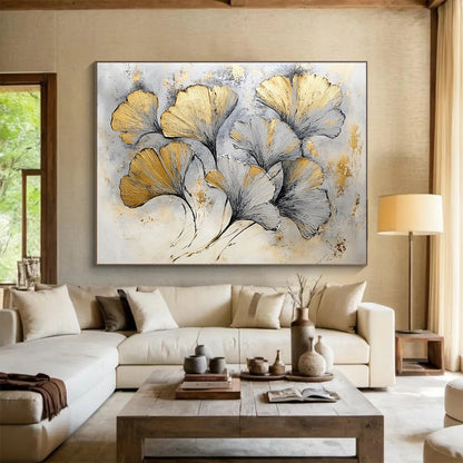 Hand Paintings with Gold, Gray and White Colors, Ginkgo Leaf Theme Abstract Art WB303
