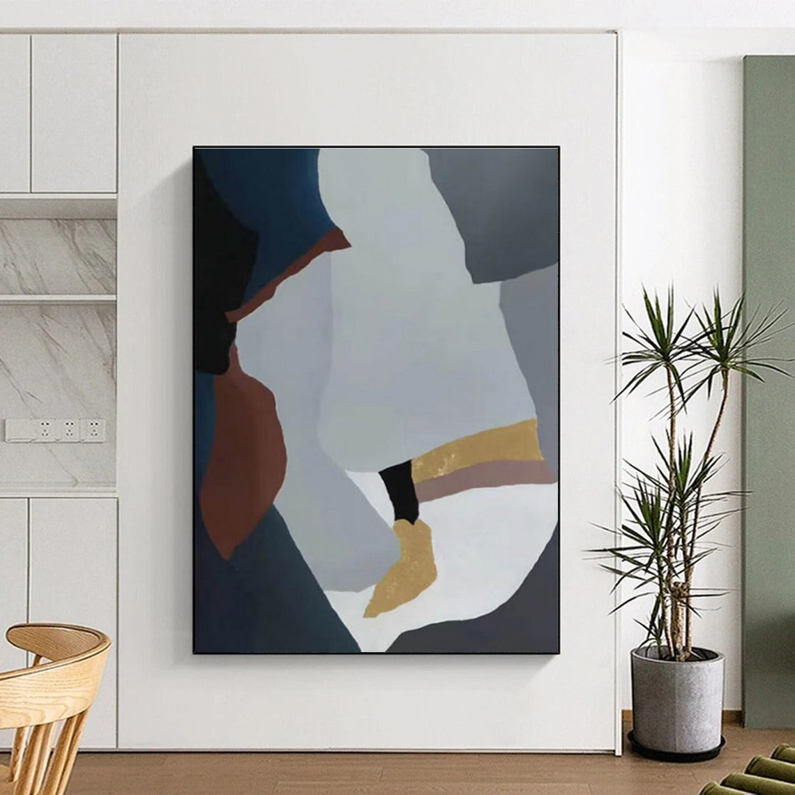 Hand Painted Art Blue, Gray & Gold Geometric Abstract, Acrylic Modern Art Paintings HS425