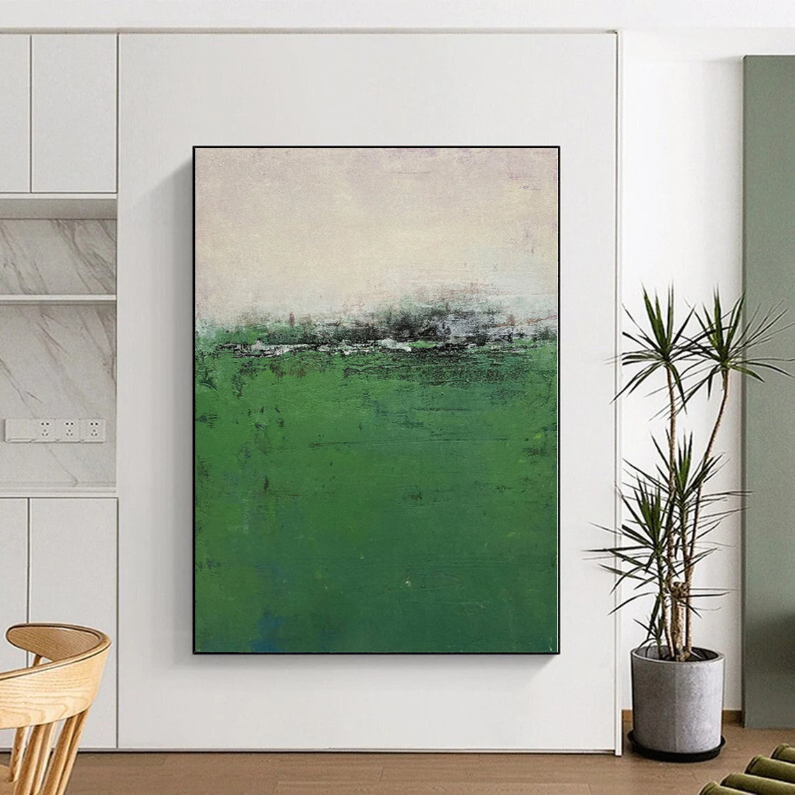 Hand-Painted Green and Gray Abstract Landscape Painting For Sale HS046