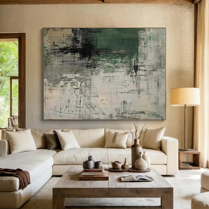 Modern Art Acrylic Green, Gray, and Neutral Textured Abstract Composition HS598