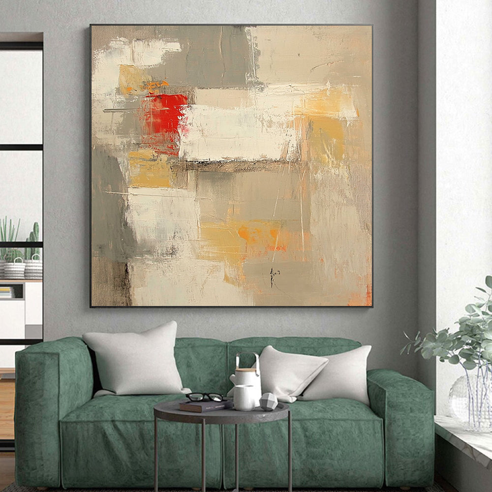 Modern Art Acrylic Gray, White, Yellow, and Red Abstract Shape Painting For Sale HS150