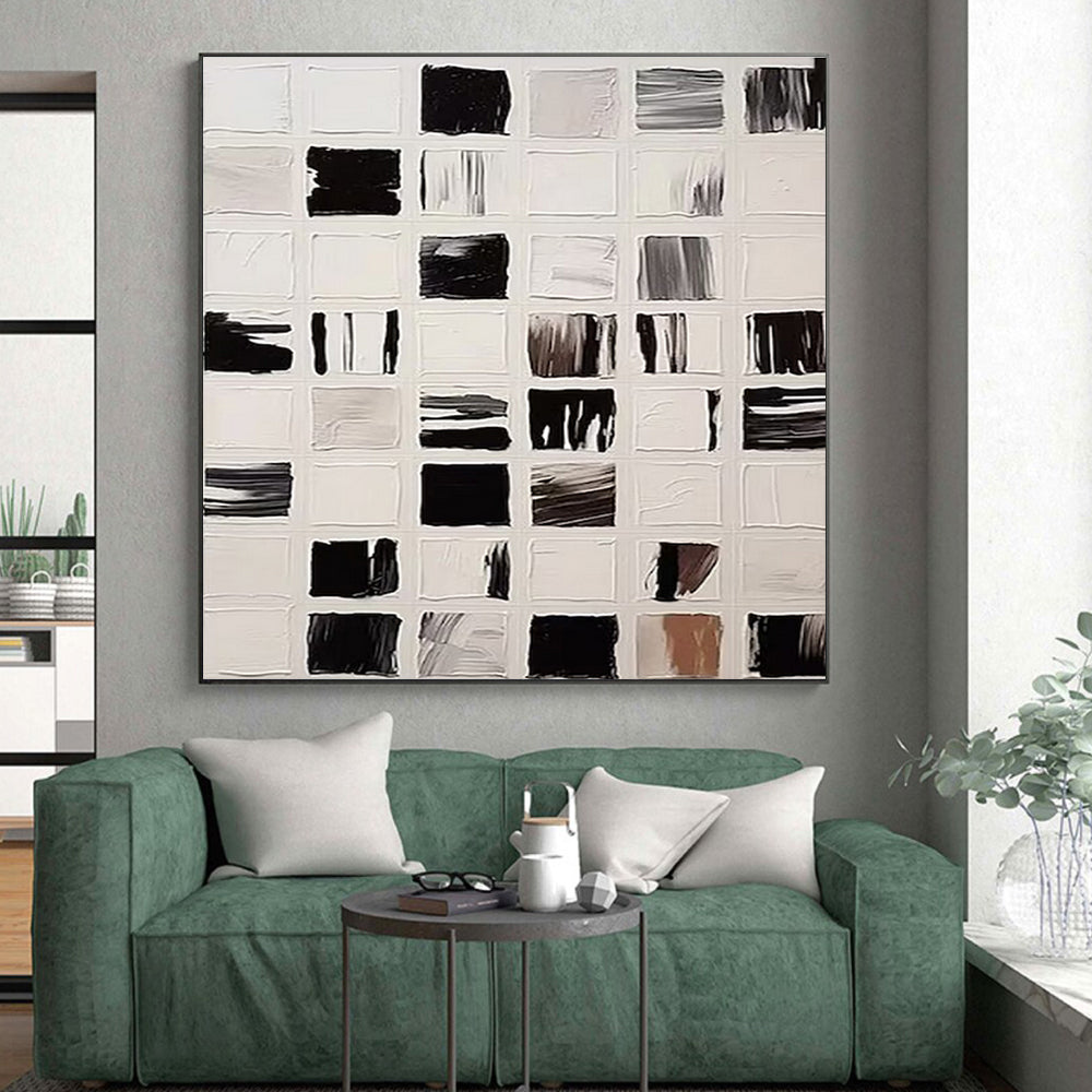 Large Size Black and White Grid Abstract Art, Cool Abstract Paintings HS555