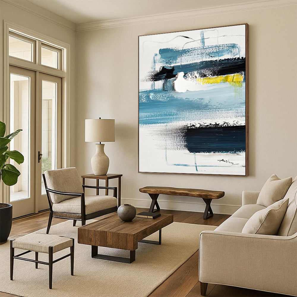 Modern Art Acrylic Blues, Black, White, and Yellow Abstract Composition HS586