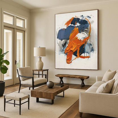 Hand Painted Art Large Size Acrylic Modern Art Paintings with Orange, Blue, Gray Dynamic Shapes - Oversized Abstract Wall Art HS523