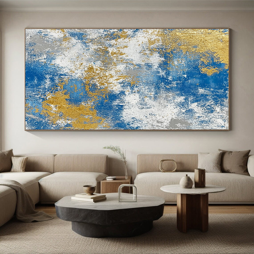 Handmade Art Blue, White, and Gold Abstract Textured Painting For Sale HS118