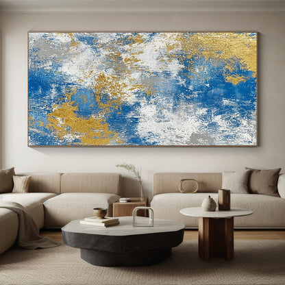 Handmade Art Blue, White, and Gold Abstract Textured Painting For Sale HS118