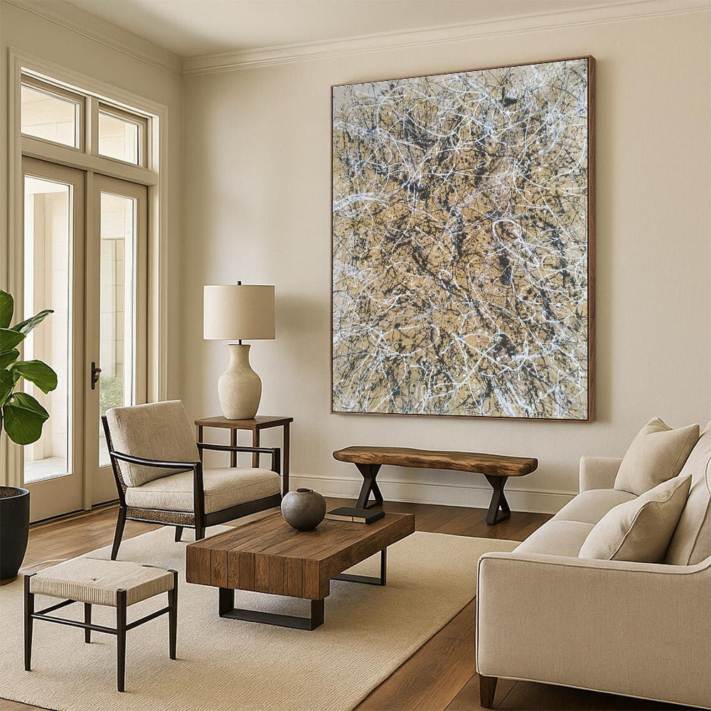 Acrylic Modern Art Paintings Beige, Black, and White Splatter Abstract Art HS617