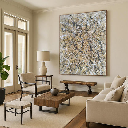 Acrylic Modern Art Paintings Beige, Black, and White Splatter Abstract Art HS617