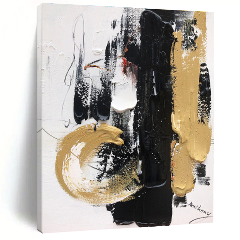 Acrylic Modern Art Paintings with Black, White, Gold and Beige Colors, Dynamic Abstract Theme HS474