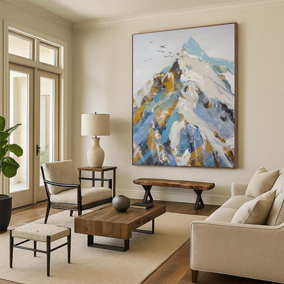 Blue, Gold, White Abstract Mountain Art For Living Room and Study WS417