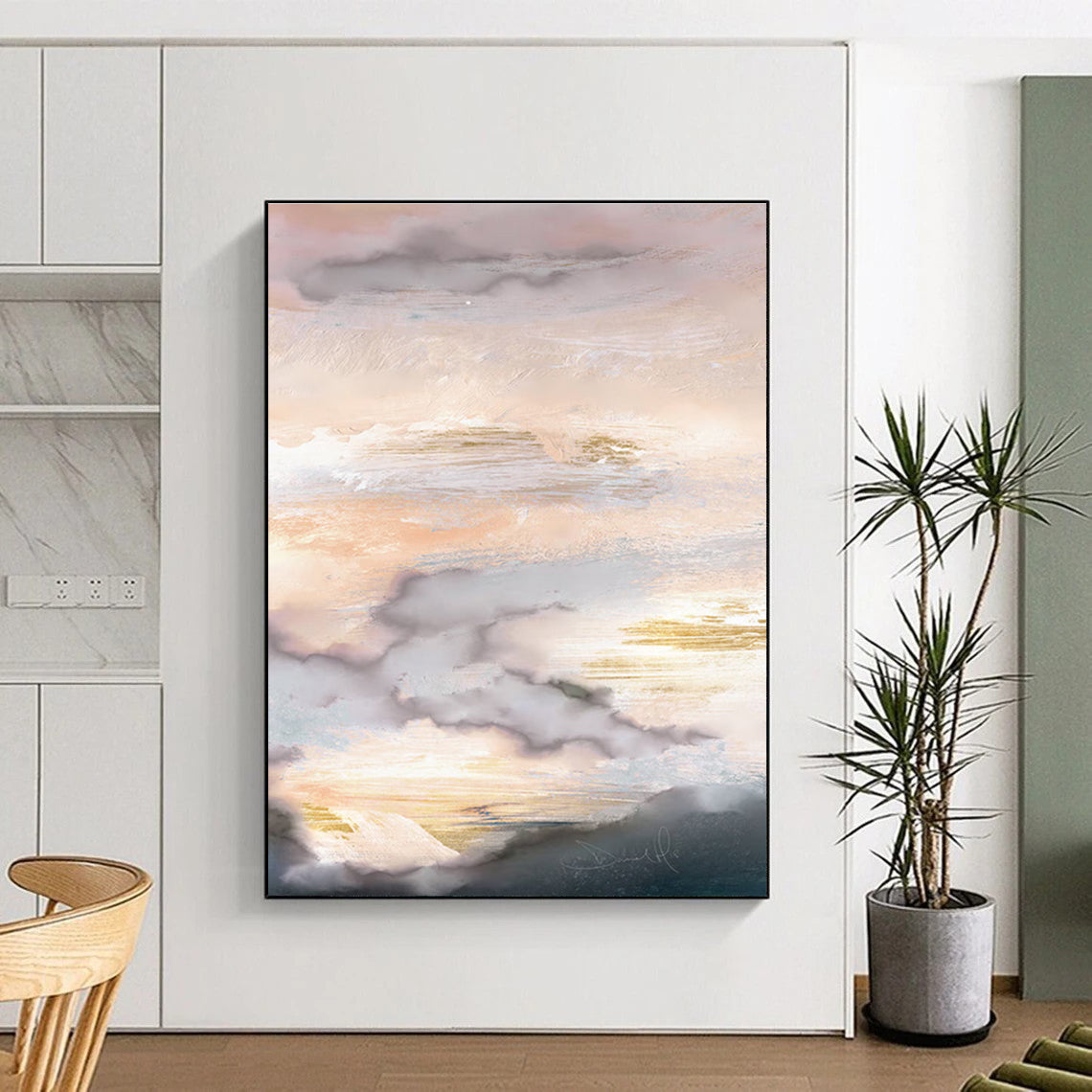 Hand-Painted Pink, Gold & Gray Cloudy Abstract, Acrylic Modern Art Painting HS241