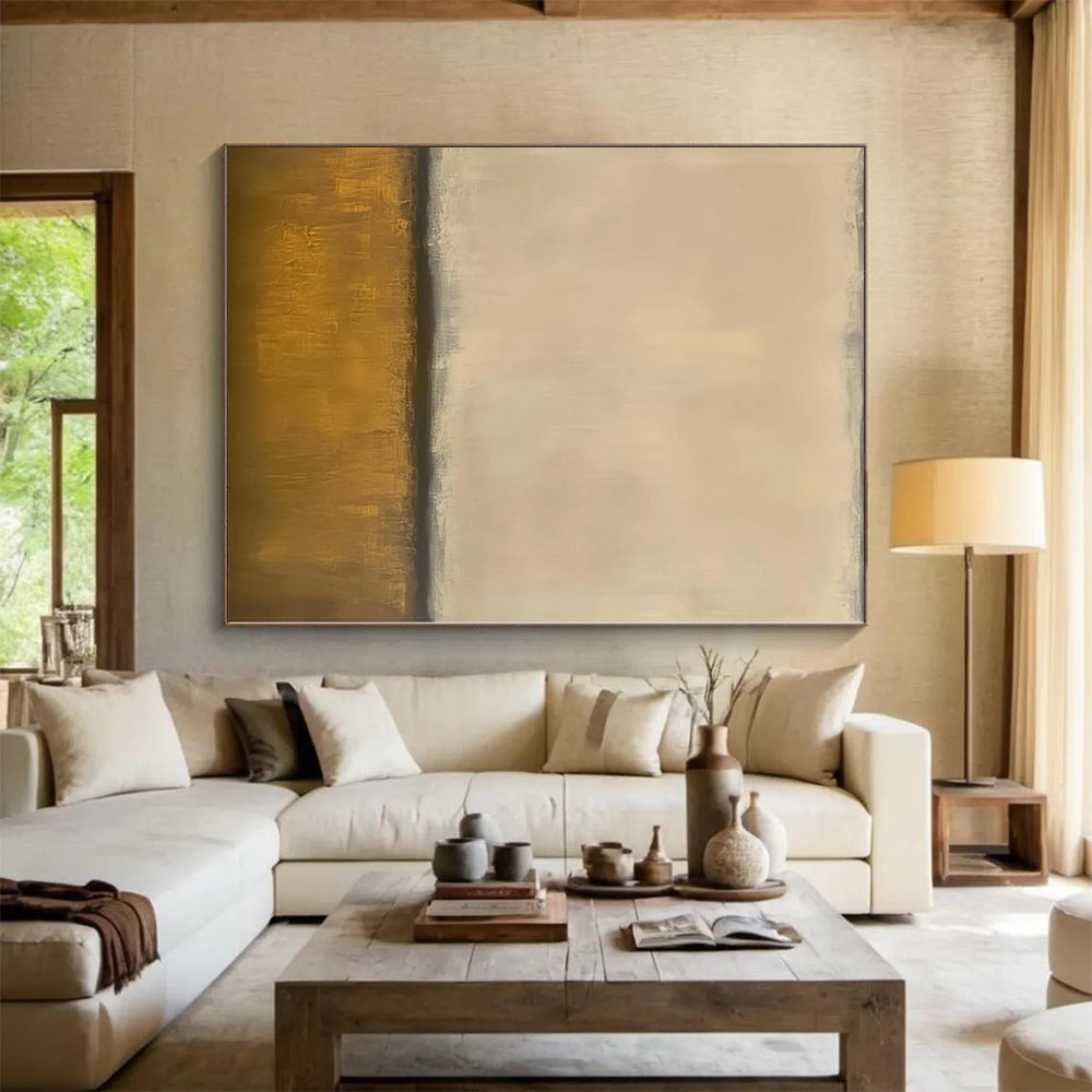 Hand-Painted Beige and Gold Abstract Minimalist Painting For Sale HS053
