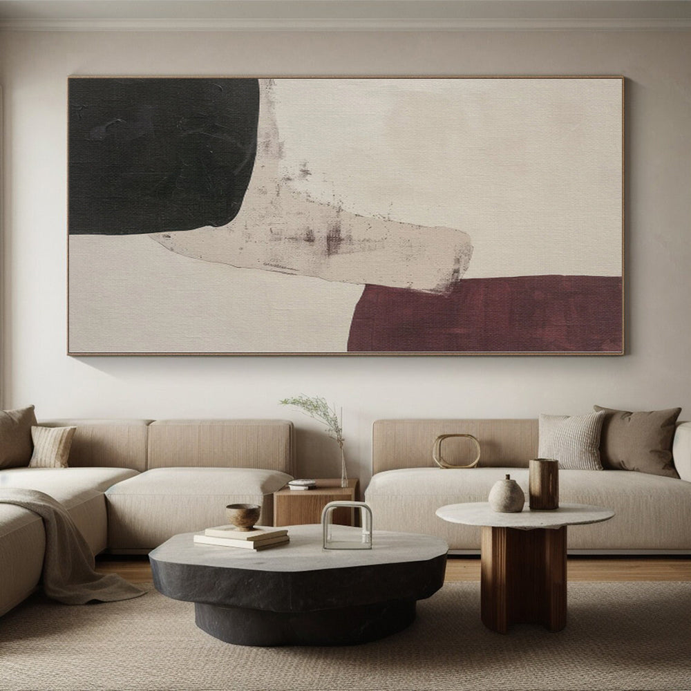 Hand-Painted Black, Beige, and Maroon Abstract Shape Painting For Sale HS025